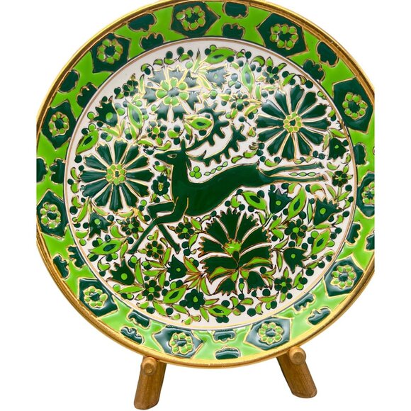 Vtg Nassos Rodos-Hellas Hand-Painted Ceramic Plate Deer Green Floral Greek 8.25" - Picture 2 of 7